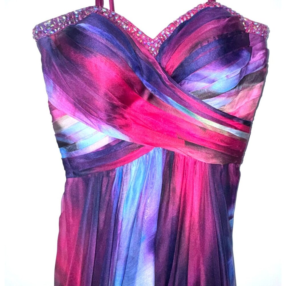 La Femme Multicolor Empire Waist Chiffon Maxi Dress With Beaded Bodice - Picture 3 of 12